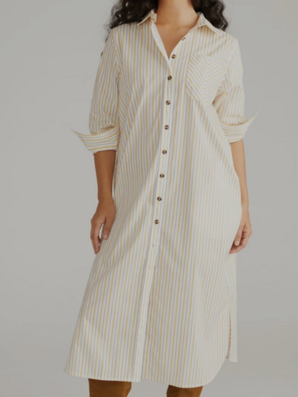 Universal Standard Odeon Stretch Poplin Shirt Dress, yellow multi stripe Size M